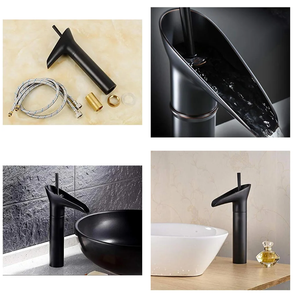 Black Waterfall Basin Mixer for Bathroom Toilet Wash Basins Hot and Cold Water (Without pop-up) (Midnight Waterfall) Black, Brass Material, 12 Inches