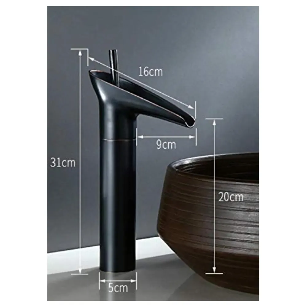 Black Waterfall Basin Mixer for Bathroom Toilet Wash Basins Hot and Cold Water (Without pop-up) (Midnight Waterfall) Black, Brass Material, 12 Inches