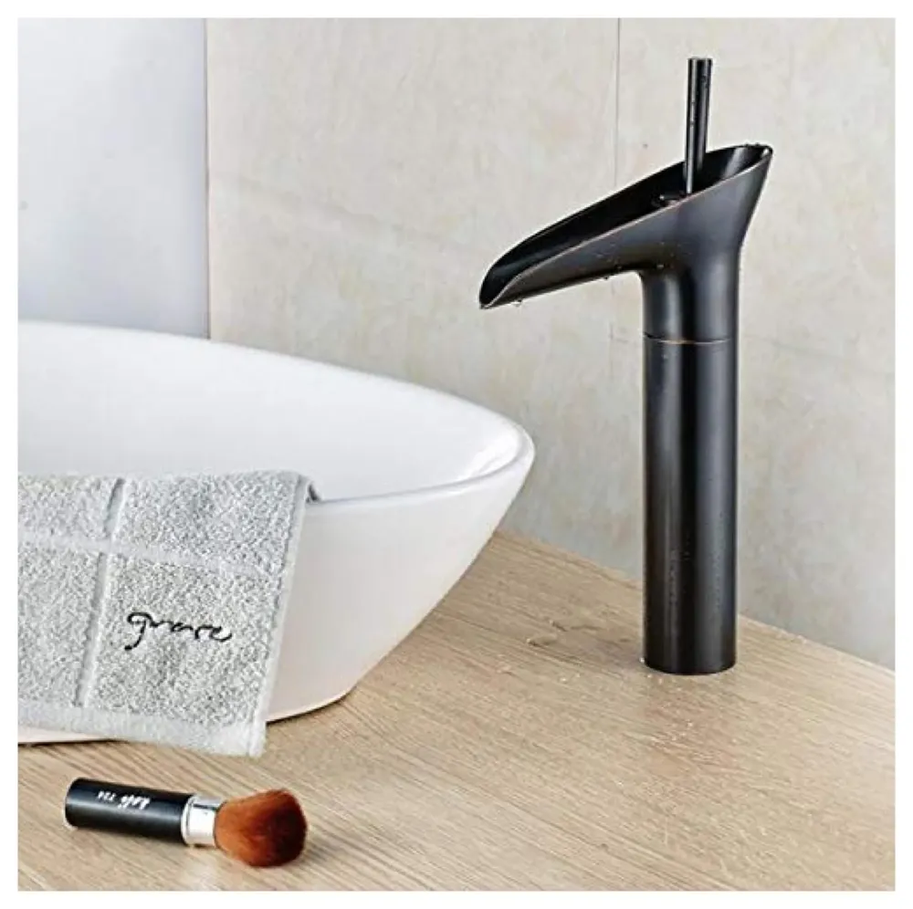 Black Waterfall Basin Mixer for Bathroom Toilet Wash Basins Hot and Cold Water (Without pop-up) (Midnight Waterfall) Black, Brass Material, 12 Inches