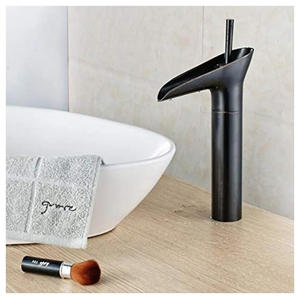 Black Waterfall Basin Mixer for Bathroom Toilet Wash Basins Hot and Cold Water (Without pop-up) (Midnight Waterfall) Black, Brass Material, 12 Inches