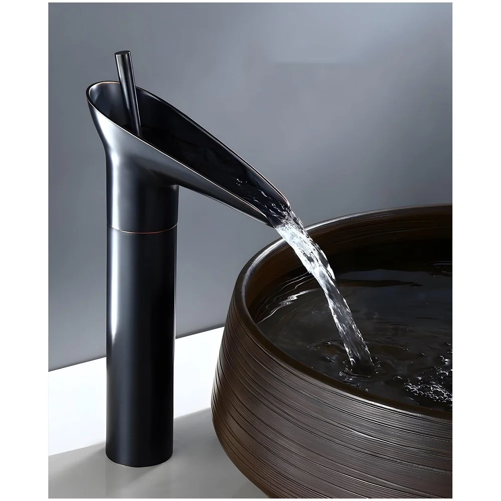 Black Waterfall Basin Mixer for Bathroom Toilet Wash Basins Hot and Cold Water (Without pop-up) (Midnight Waterfall) Black, Brass Material, 12 Inches