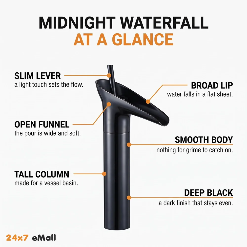 Black Waterfall Basin Mixer for Bathroom Toilet Wash Basins Hot and Cold Water (Without pop-up) (Midnight Waterfall) Black, Brass Material, 12 Inches