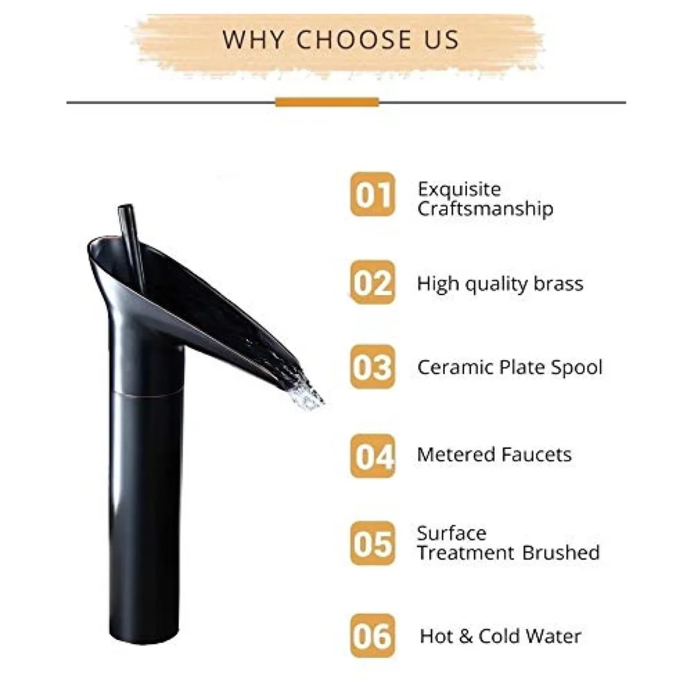 Black Waterfall Basin Mixer for Bathroom Toilet Wash Basins Hot and Cold Water (Without pop-up) (Midnight Waterfall) Black, Brass Material, 12 Inches
