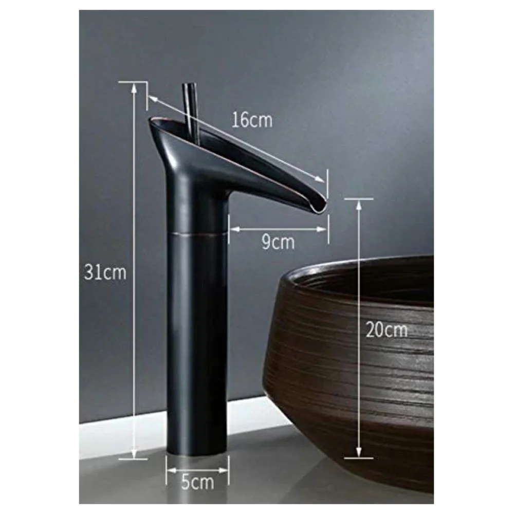 Black Waterfall Basin Mixer for Bathroom Toilet Wash Basins Hot and Cold Water (Without pop-up) (Midnight Waterfall) Black, Brass Material, 12 Inches