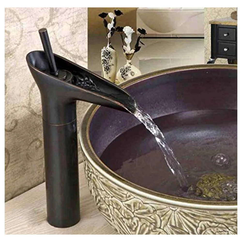 Black Waterfall Basin Mixer for Bathroom Toilet Wash Basins Hot and Cold Water (Without pop-up) (Midnight Waterfall) Black, Brass Material, 12 Inches