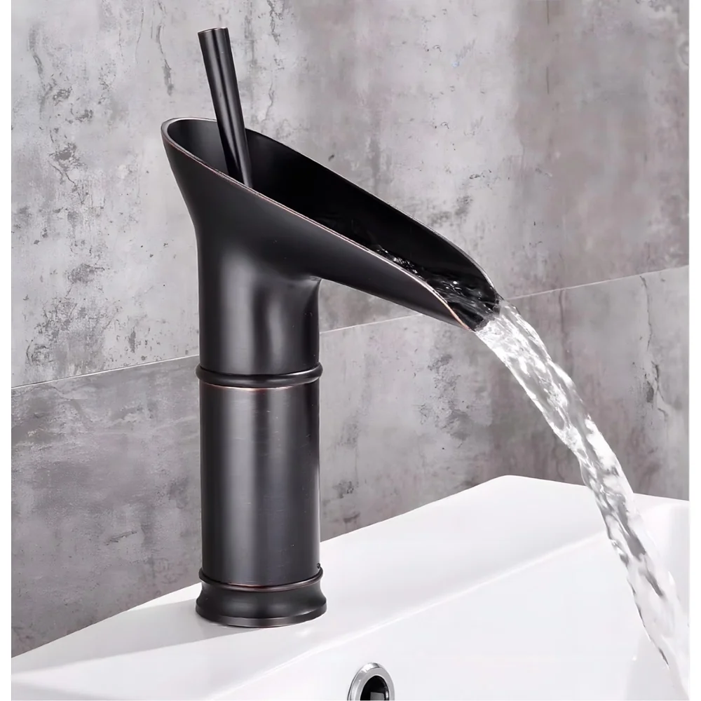 Brass Black Basin tap Faucet Mixer Waterfall for Bathroom Toilet Wash Basins Hot and Cold Water, 7 inch Height Matt Black Waterfall Spout