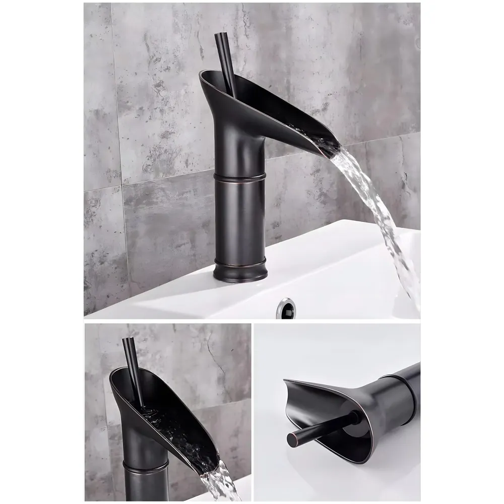 Brass Black Basin tap Faucet Mixer Waterfall for Bathroom Toilet Wash Basins Hot and Cold Water, 7 inch Height Matt Black Waterfall Spout