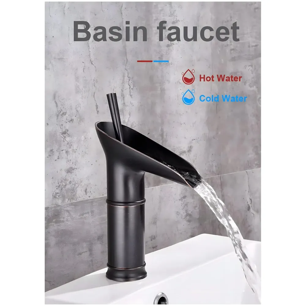 Brass Black Basin tap Faucet Mixer Waterfall for Bathroom Toilet Wash Basins Hot and Cold Water, 7 inch Height Matt Black Waterfall Spout