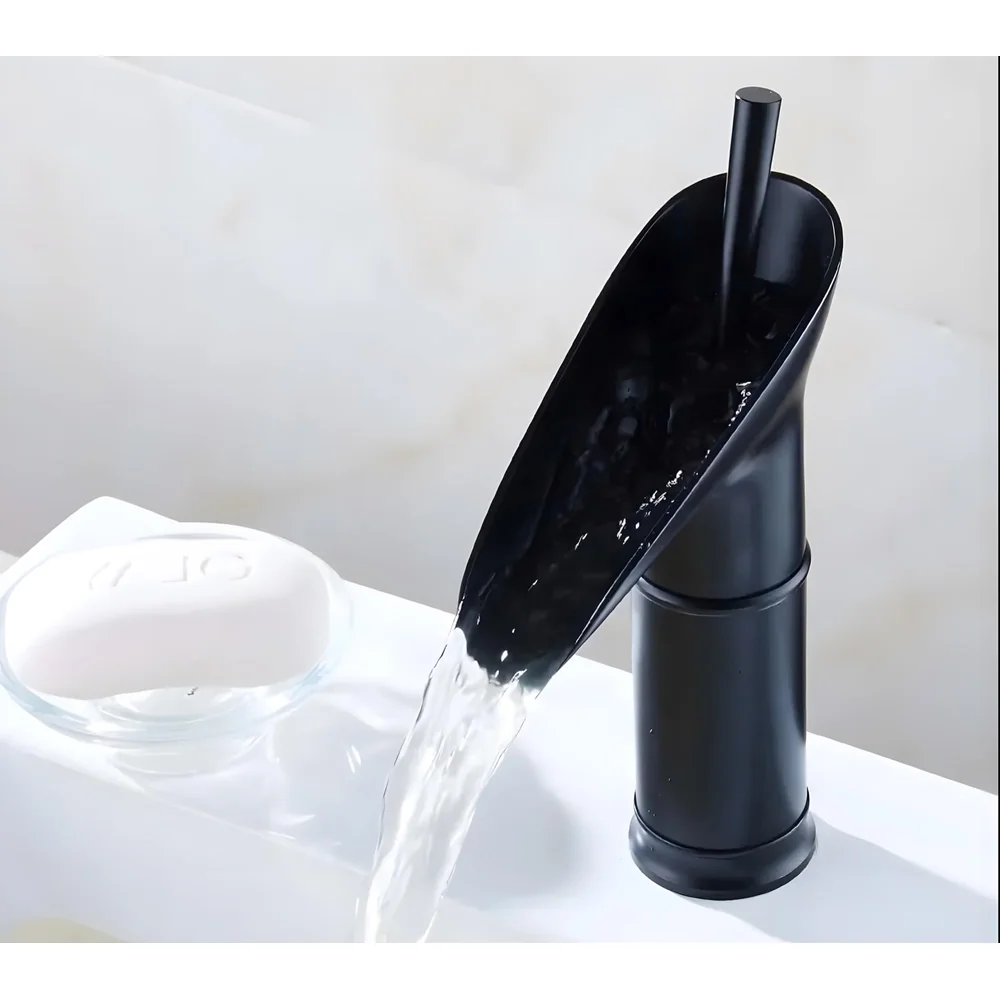 Brass Black Basin tap Faucet Mixer Waterfall for Bathroom Toilet Wash Basins Hot and Cold Water, 7 inch Height Matt Black Waterfall Spout