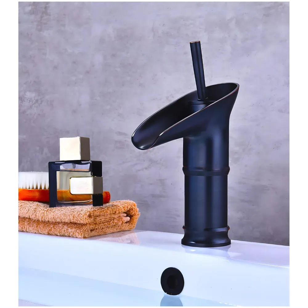 Brass Black Basin tap Faucet Mixer Waterfall for Bathroom Toilet Wash Basins Hot and Cold Water, 7 inch Height Matt Black Waterfall Spout