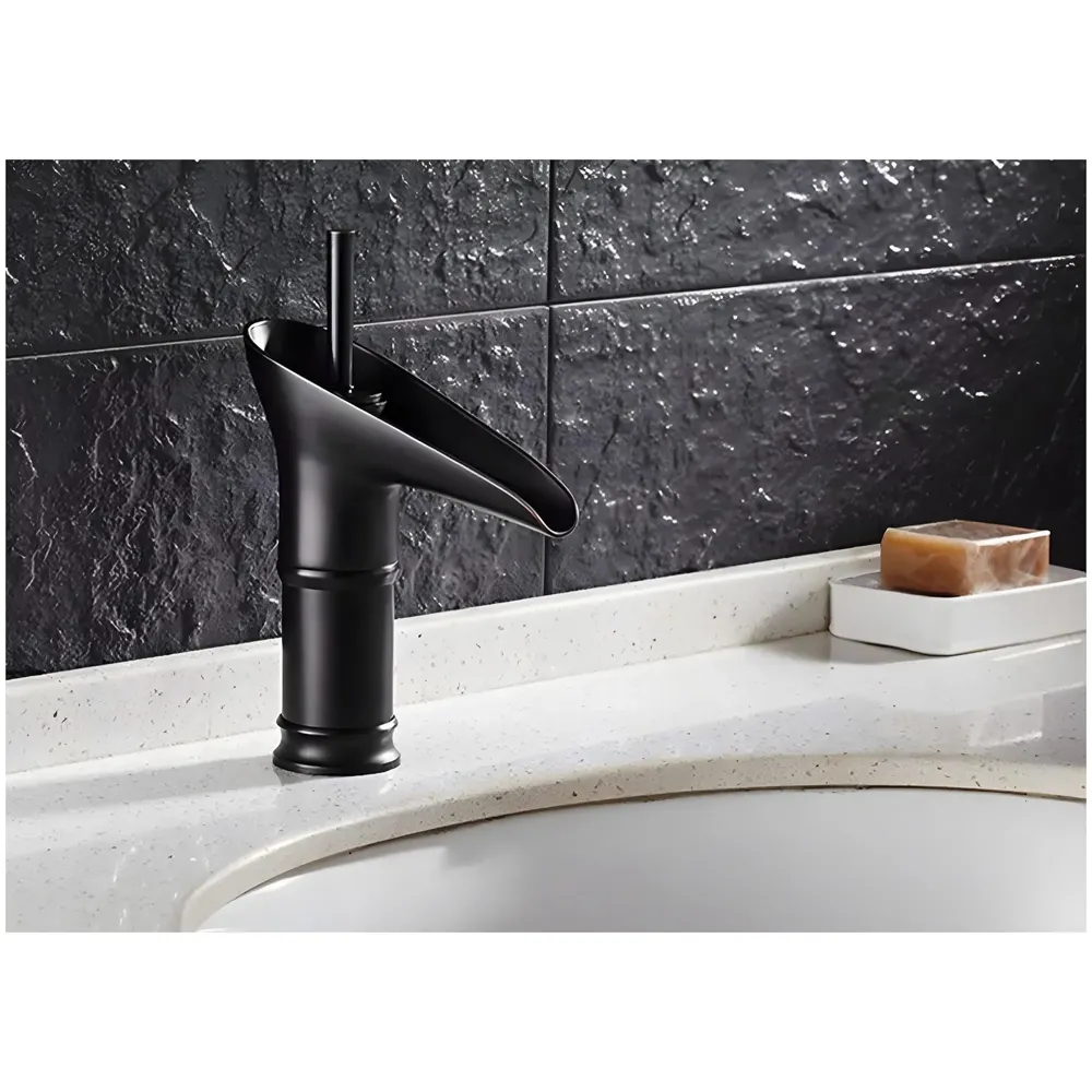 Brass Black Basin tap Faucet Mixer Waterfall for Bathroom Toilet Wash Basins Hot and Cold Water, 7 inch Height Matt Black Waterfall Spout