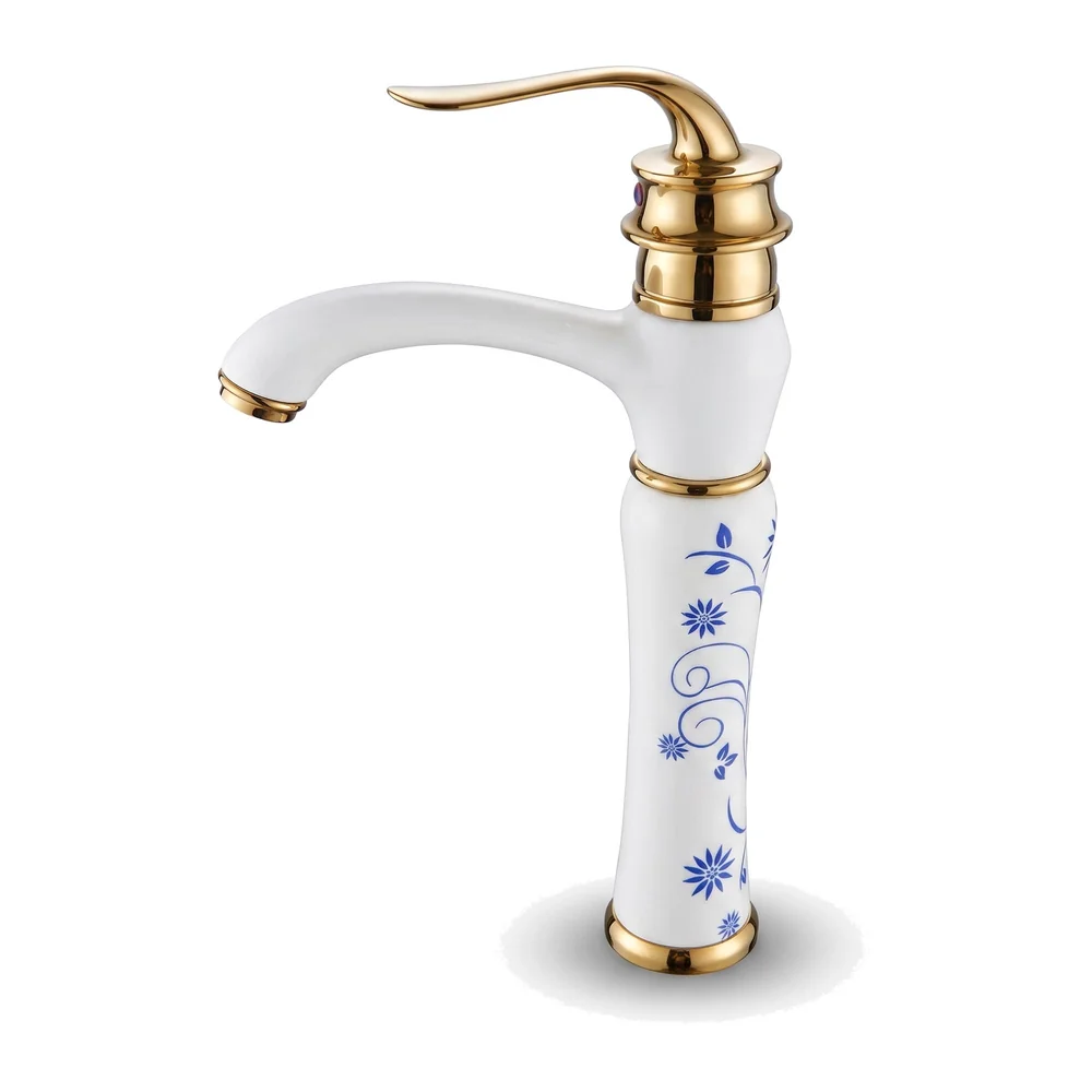 White Gold Faucet Tap Mixer Hot and Cold Water Basin Mixer 12 inches Moroccan Design and Ceramic Cartridge for Bathroom Wash Basins - White Gold and Blue - 30 Cms Height