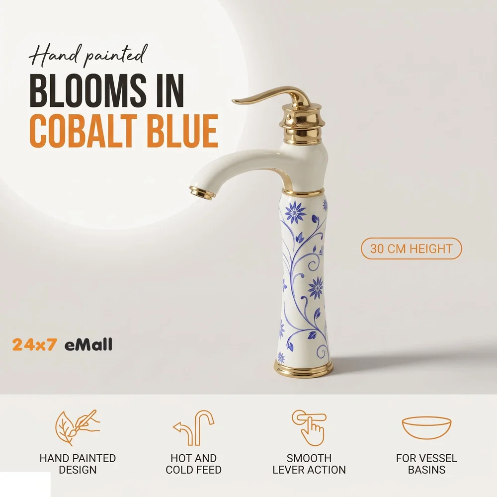 White Gold Faucet Tap Mixer Hot and Cold Water Basin Mixer 12 inches Moroccan Design and Ceramic Cartridge for Bathroom Wash Basins - White Gold and Blue - 30 Cms Height