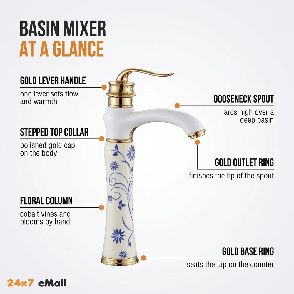 White Gold Faucet Tap Mixer Hot and Cold Water Basin Mixer 12 inches Moroccan Design and Ceramic Cartridge for Bathroom Wash Basins - White Gold and Blue - 30 Cms Height