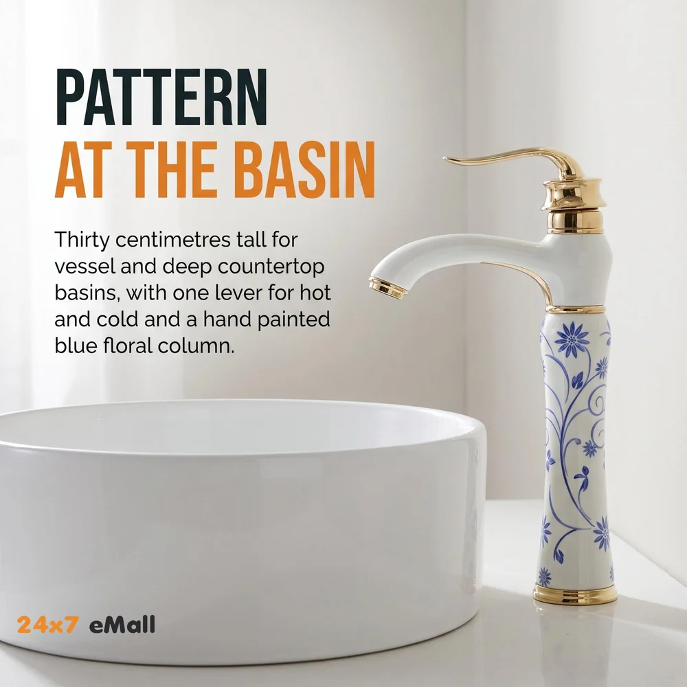 White Gold Faucet Tap Mixer Hot and Cold Water Basin Mixer 12 inches Moroccan Design and Ceramic Cartridge for Bathroom Wash Basins - White Gold and Blue - 30 Cms Height