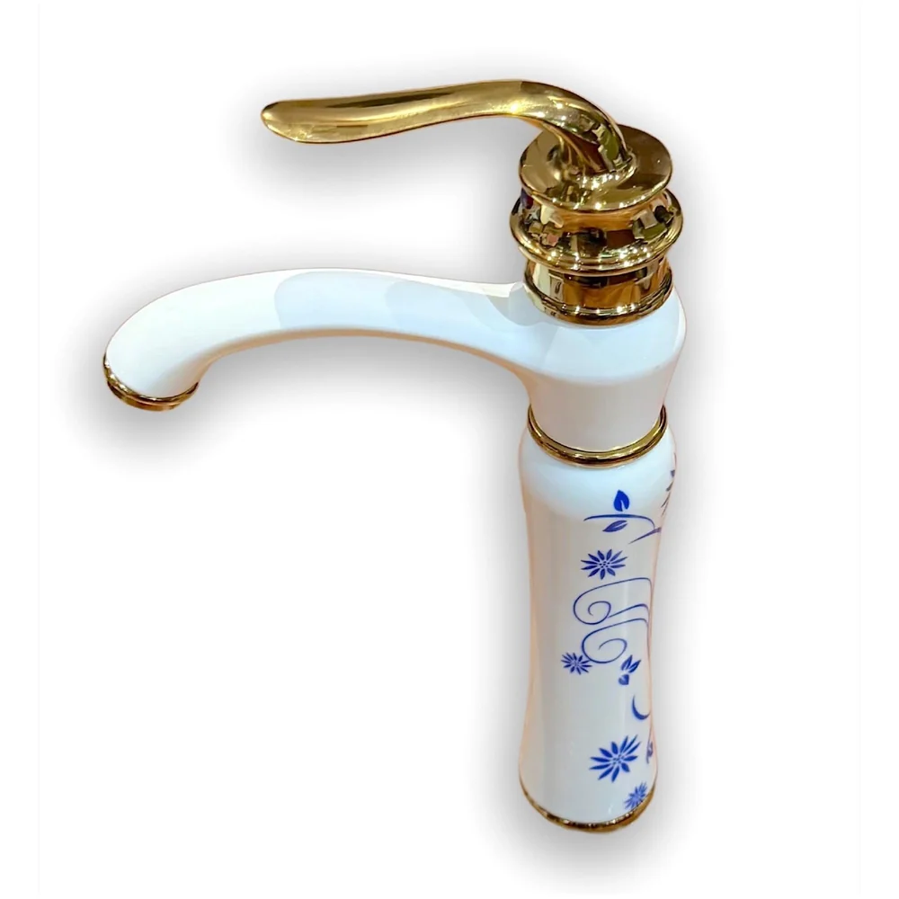 White Gold Faucet Tap Mixer Hot and Cold Water Basin Mixer 12 inches Moroccan Design and Ceramic Cartridge for Bathroom Wash Basins - White Gold and Blue - 30 Cms Height