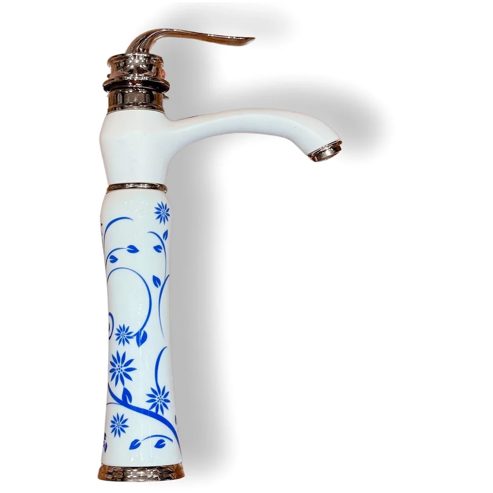 White Gold Faucet Tap Mixer Hot and Cold Water Basin Mixer 12 inches Moroccan Design and Ceramic Cartridge for Bathroom Wash Basins - White Gold and Blue - 30 Cms Height