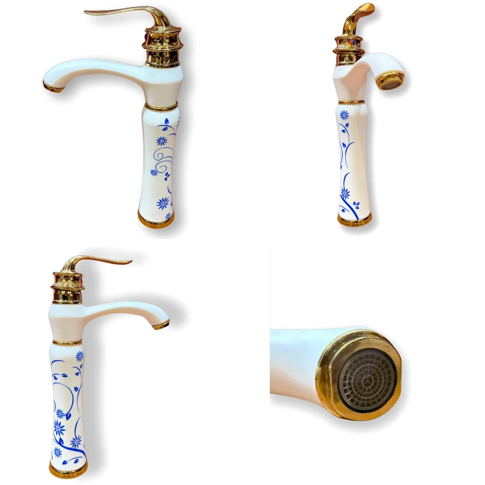 White Gold Faucet Tap Mixer Hot and Cold Water Basin Mixer 12 inches Moroccan Design and Ceramic Cartridge for Bathroom Wash Basins - White Gold and Blue - 30 Cms Height