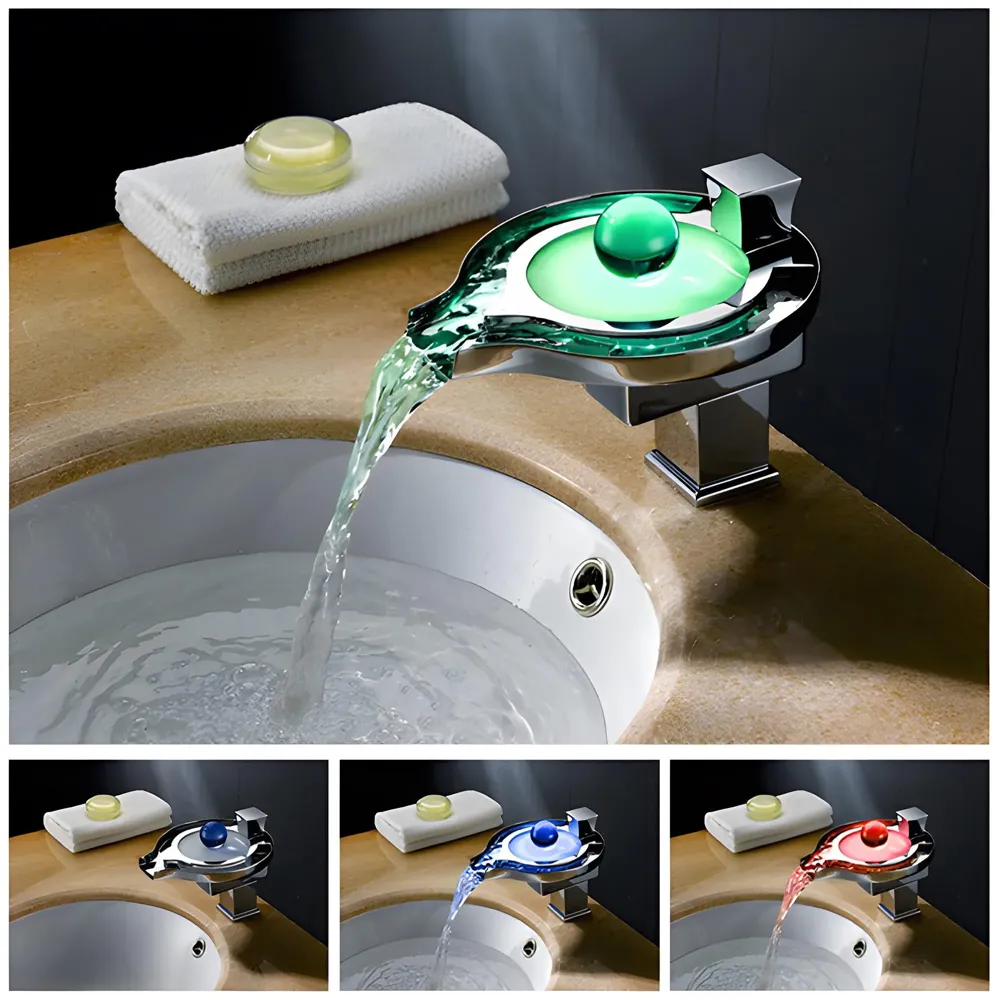Led Faucet Silver Chrome Waterfall Basin Tap Fuacet MixerFor Bathroom Toilet Wash Basins Hot and Cold Water, 6.2 Inch Tall - No Electric Connection Required