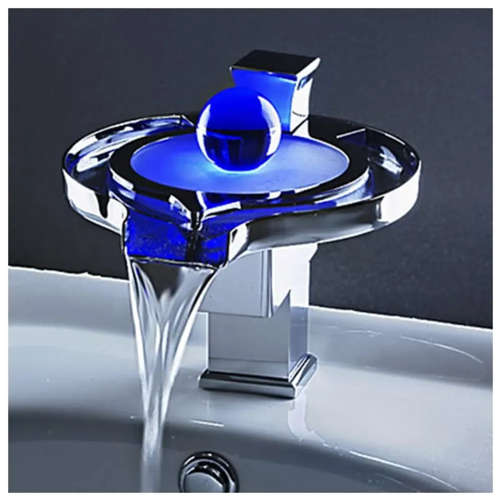 Led Faucet Silver Chrome Waterfall Basin Tap Fuacet MixerFor Bathroom Toilet Wash Basins Hot and Cold Water, 6.2 Inch Tall - No Electric Connection Required