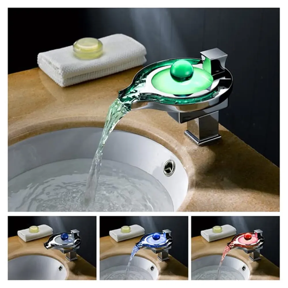 Led Faucet Silver Chrome Waterfall Basin Tap Fuacet MixerFor Bathroom Toilet Wash Basins Hot and Cold Water, 6.2 Inch Tall - No Electric Connection Required