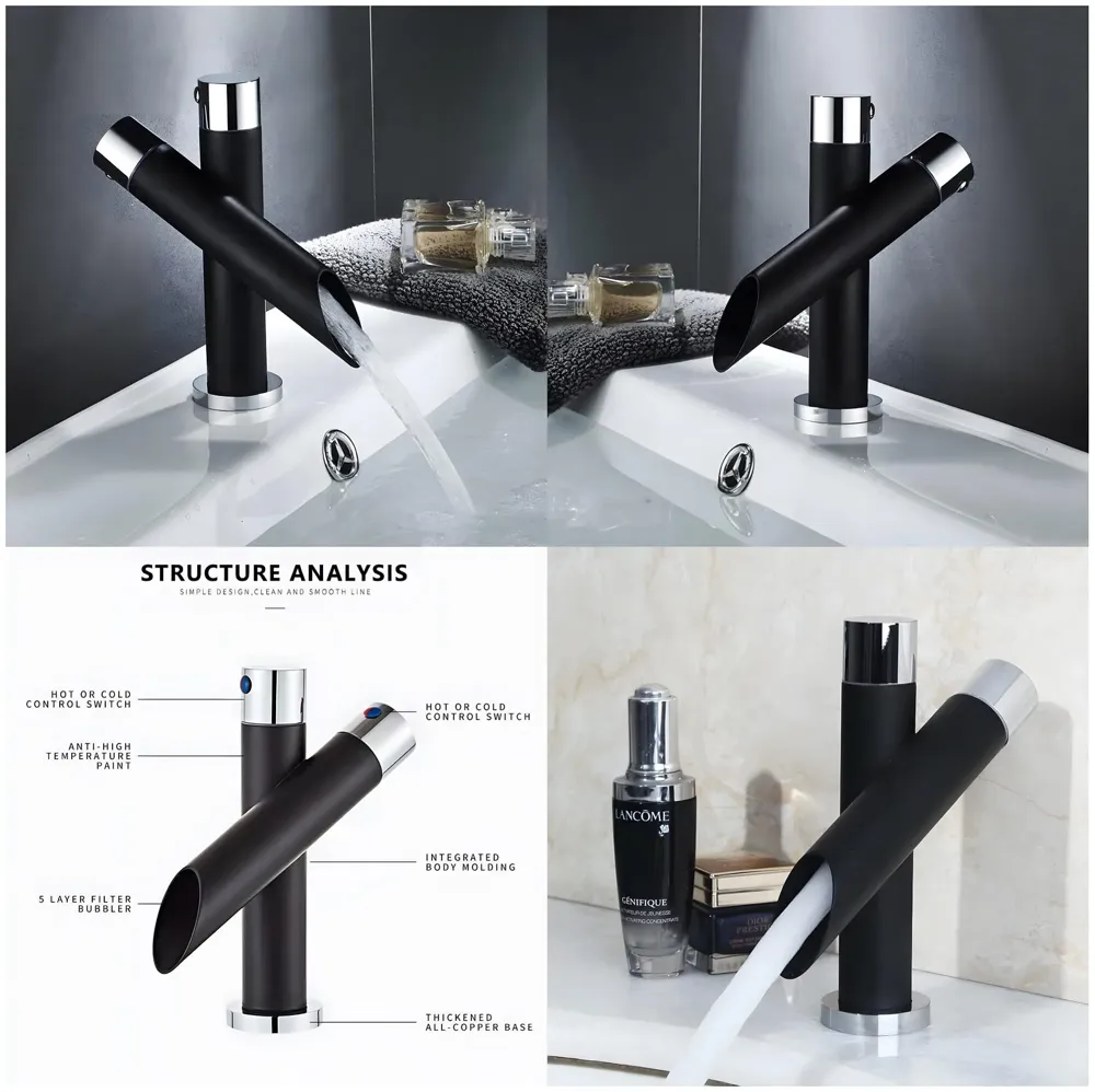 Black Basin tap Faucet Mixer Soft Flow for Bathroom Toilet Wash Basins Hot and Cold Water (Noir Flusso Small - 7 Inches) Matt Black