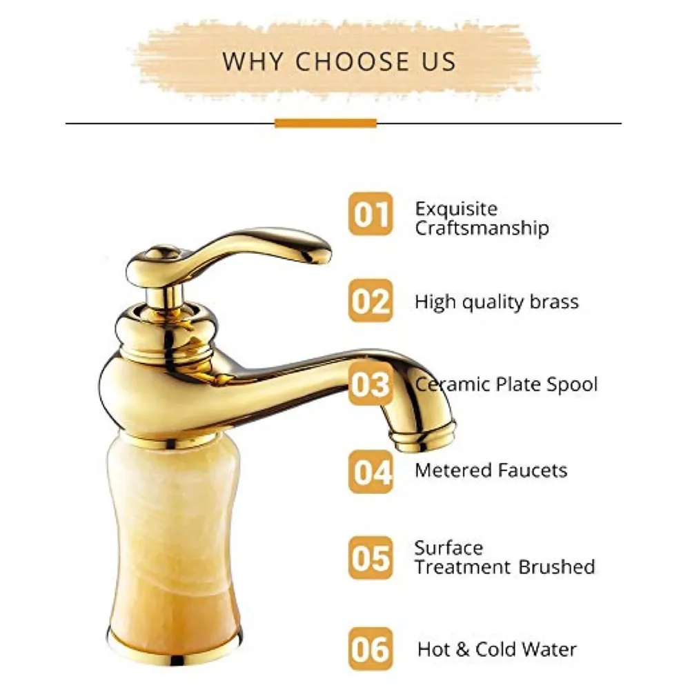 Gold Marble Basin Faucet Tap Mixer for Bathroom Toilet Wash Basins Hot and Cold Water (Without pop-up) (Onyx Petite) Gold, Brass Material, 8 Inches