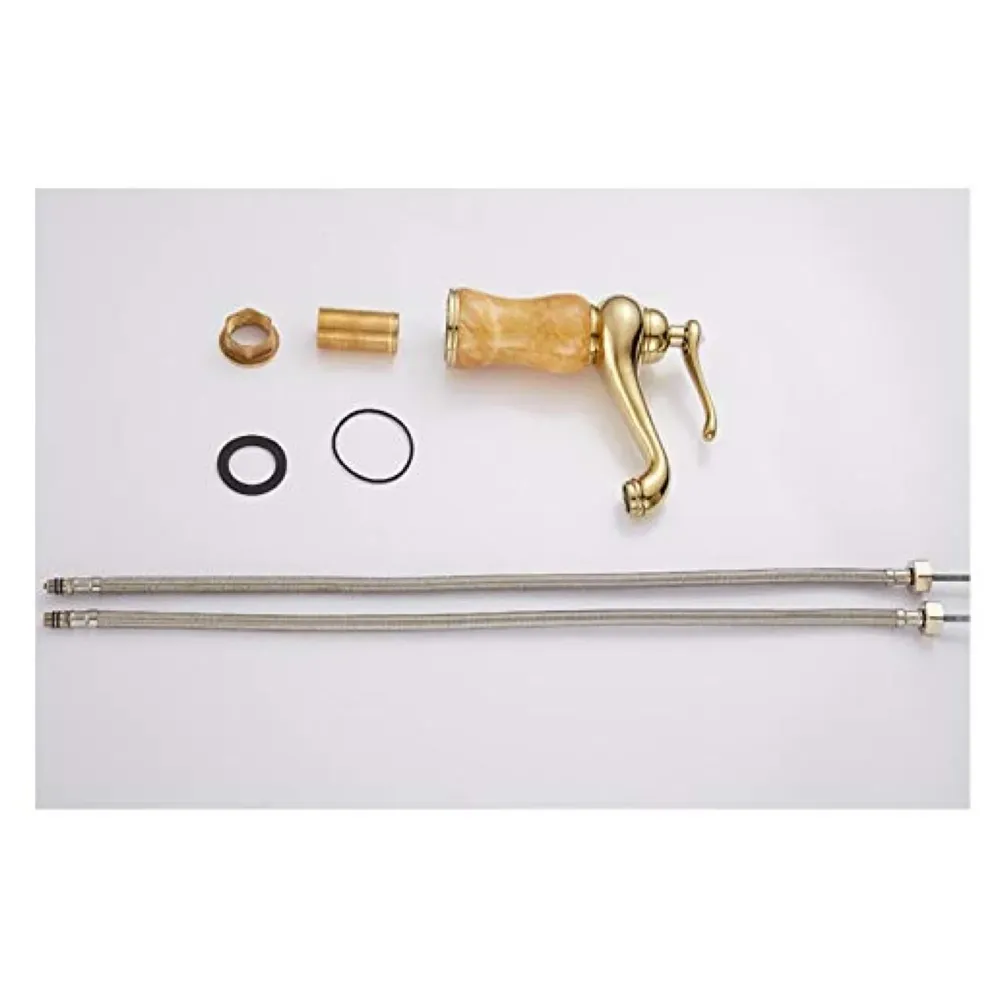 Gold Marble Basin Faucet Tap Mixer for Bathroom Toilet Wash Basins Hot and Cold Water (Without pop-up) (Onyx Petite) Gold, Brass Material, 8 Inches