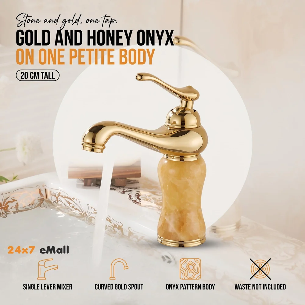 Gold Marble Basin Faucet Tap Mixer for Bathroom Toilet Wash Basins Hot and Cold Water (Without pop-up) (Onyx Petite) Gold, Brass Material, 8 Inches