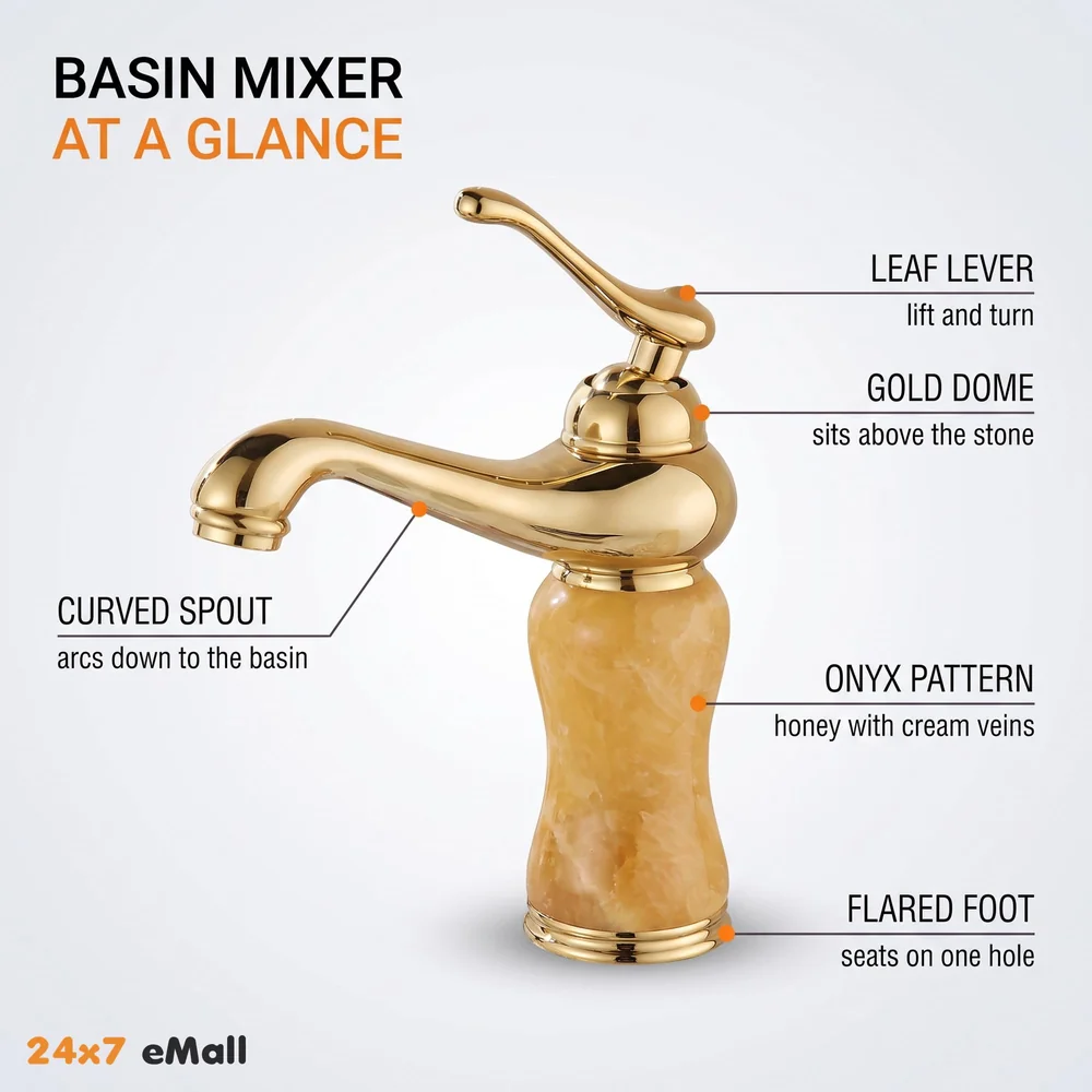 Gold Marble Basin Faucet Tap Mixer for Bathroom Toilet Wash Basins Hot and Cold Water (Without pop-up) (Onyx Petite) Gold, Brass Material, 8 Inches