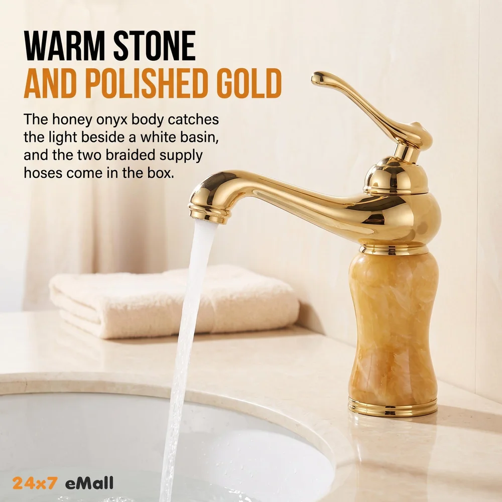 Gold Marble Basin Faucet Tap Mixer for Bathroom Toilet Wash Basins Hot and Cold Water (Without pop-up) (Onyx Petite) Gold, Brass Material, 8 Inches