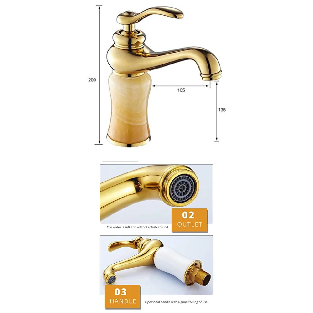 Gold Marble Basin Faucet Tap Mixer for Bathroom Toilet Wash Basins Hot and Cold Water (Without pop-up) (Onyx Petite) Gold, Brass Material, 8 Inches