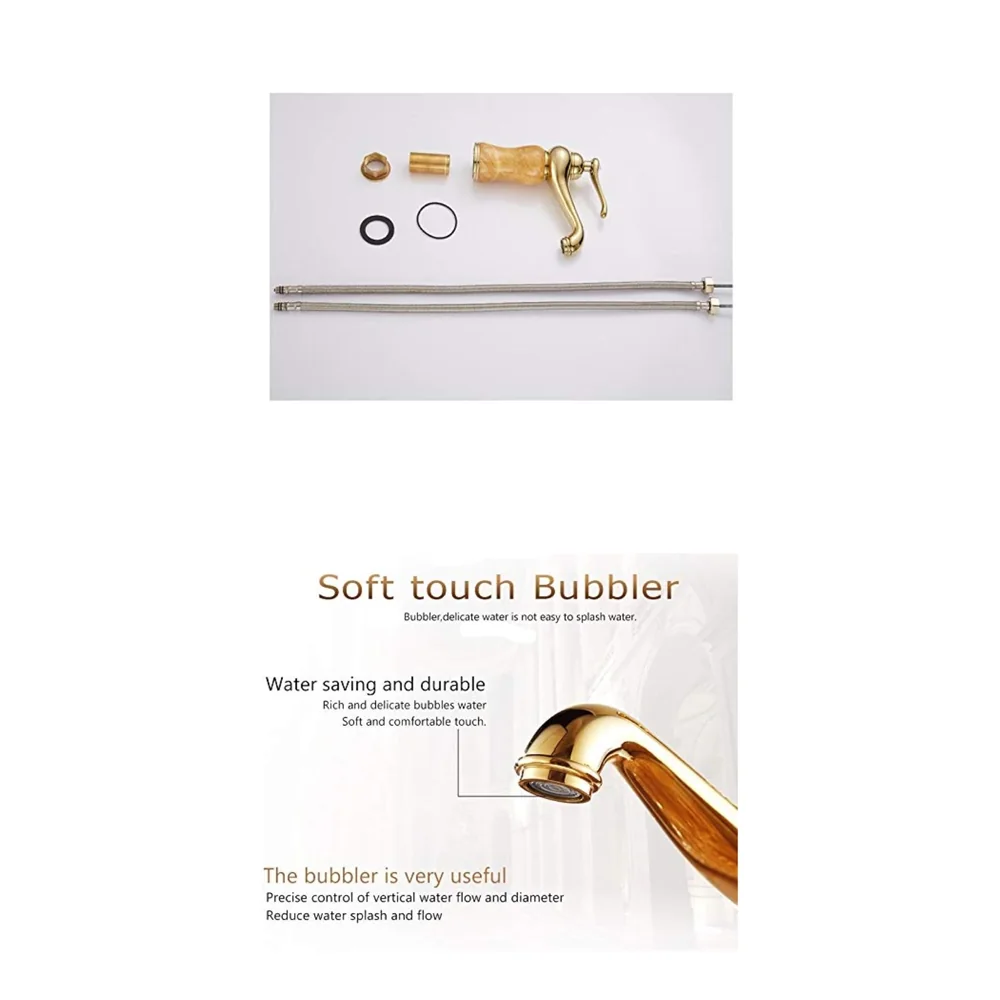 Gold Marble Basin Faucet Tap Mixer for Bathroom Toilet Wash Basins Hot and Cold Water (Without pop-up) (Onyx Petite) Gold, Brass Material, 8 Inches