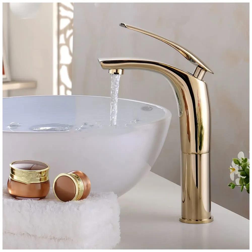 Gold Heavy Single Lever Basin Mixer Faucet Hot and Cold Tall Body Curve