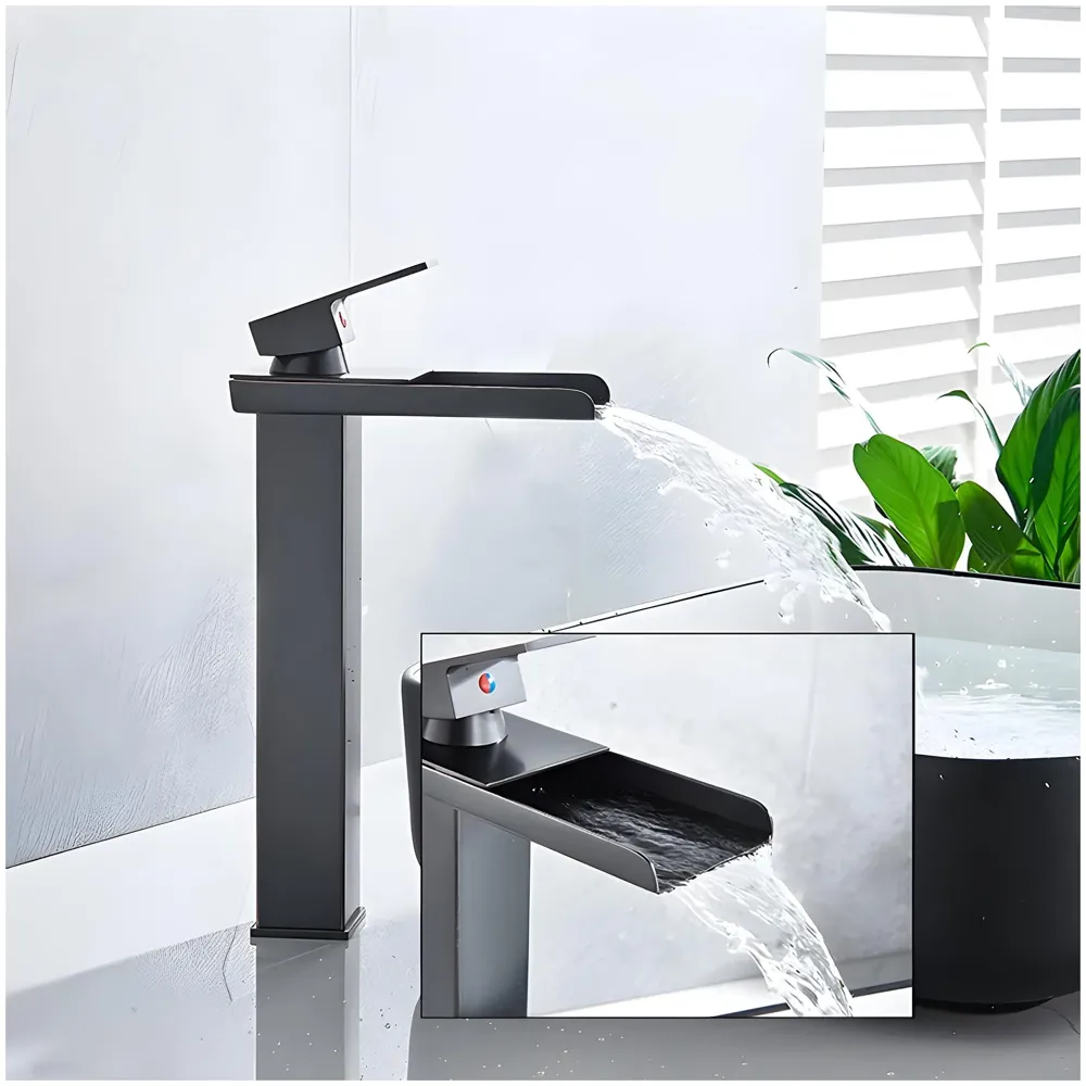 Waterfall Black Basin Tap Faucet Mixer for Bathroom Toilet Wash Basins Hot and Cold Water SS Material, 12 Inches Height Matt Black Waterfall Spout