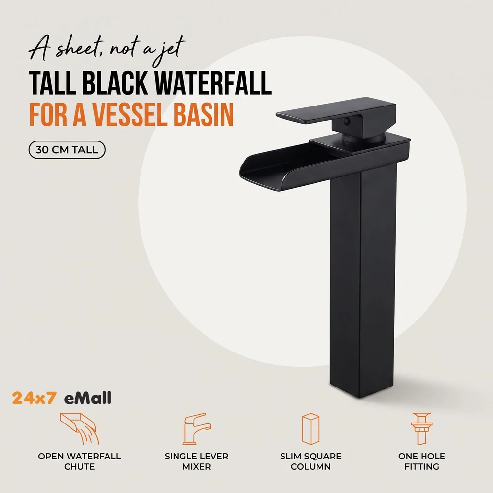 Waterfall Black Basin Tap Faucet Mixer for Bathroom Toilet Wash Basins Hot and Cold Water SS Material, 12 Inches Height Matt Black Waterfall Spout