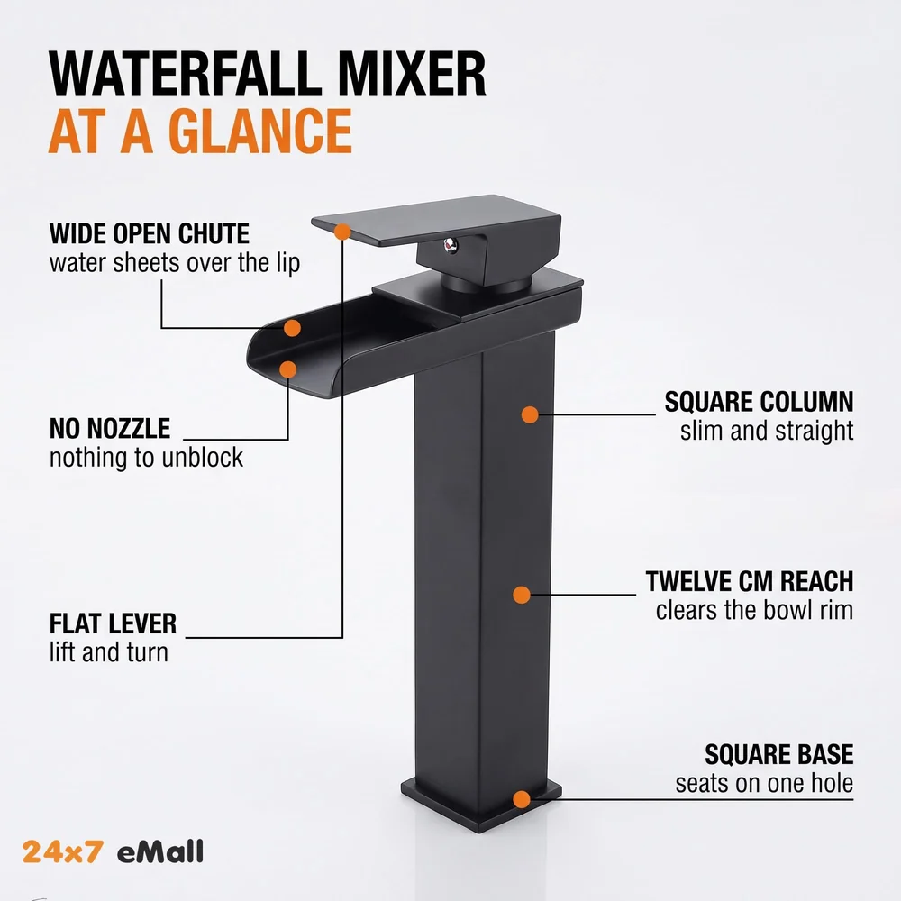 Waterfall Black Basin Tap Faucet Mixer for Bathroom Toilet Wash Basins Hot and Cold Water SS Material, 12 Inches Height Matt Black Waterfall Spout