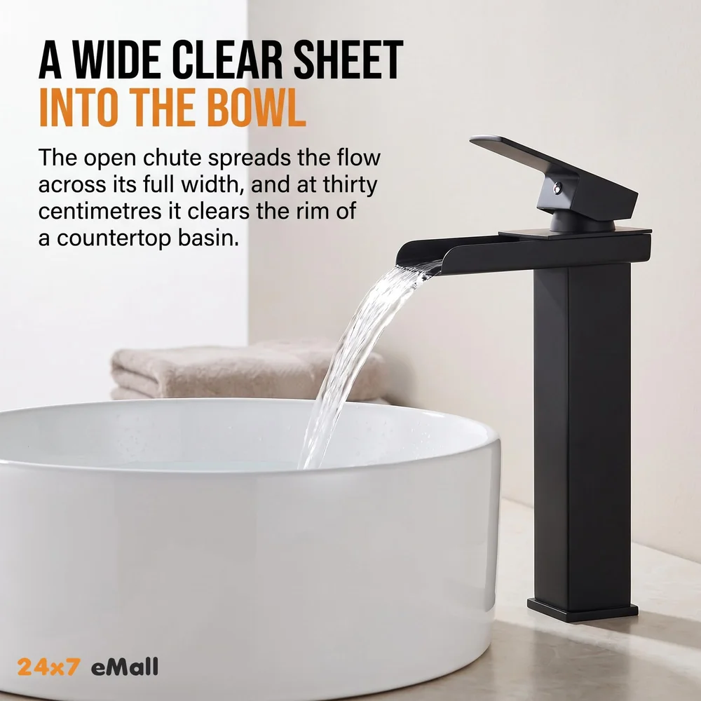 Waterfall Black Basin Tap Faucet Mixer for Bathroom Toilet Wash Basins Hot and Cold Water SS Material, 12 Inches Height Matt Black Waterfall Spout