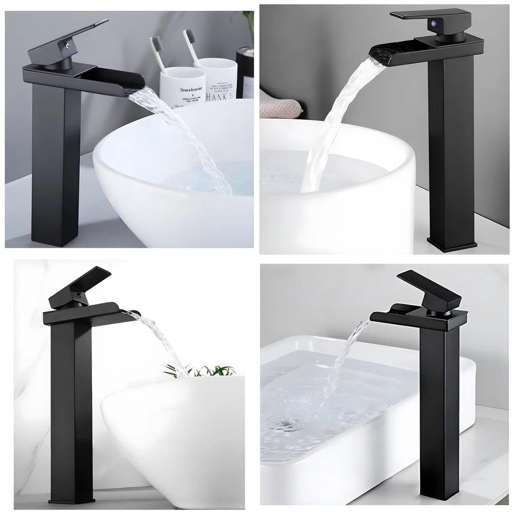 Waterfall Black Basin Tap Faucet Mixer for Bathroom Toilet Wash Basins Hot and Cold Water SS Material, 12 Inches Height Matt Black Waterfall Spout