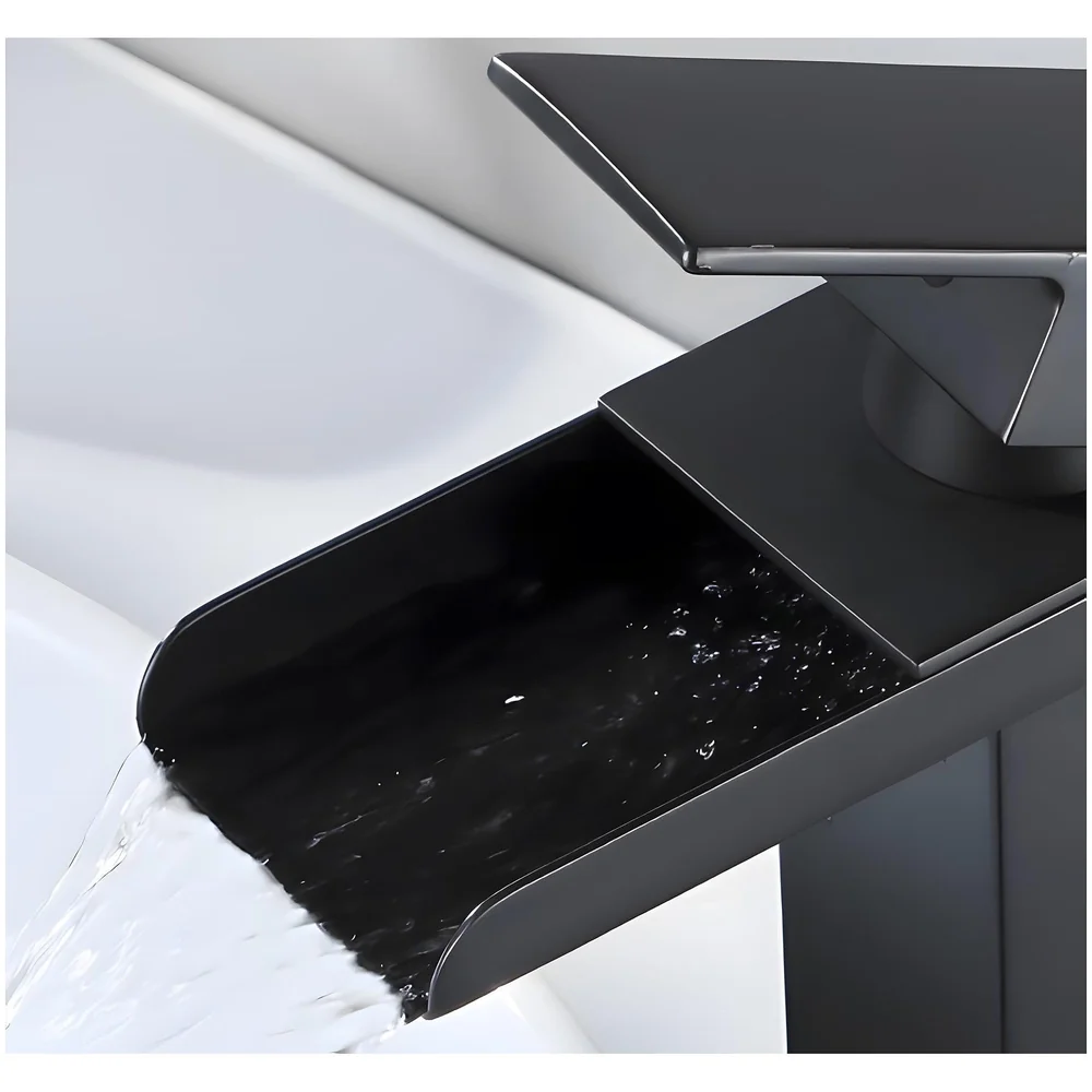 Waterfall Black Basin Tap Faucet Mixer for Bathroom Toilet Wash Basins Hot and Cold Water SS Material, 12 Inches Height Matt Black Waterfall Spout