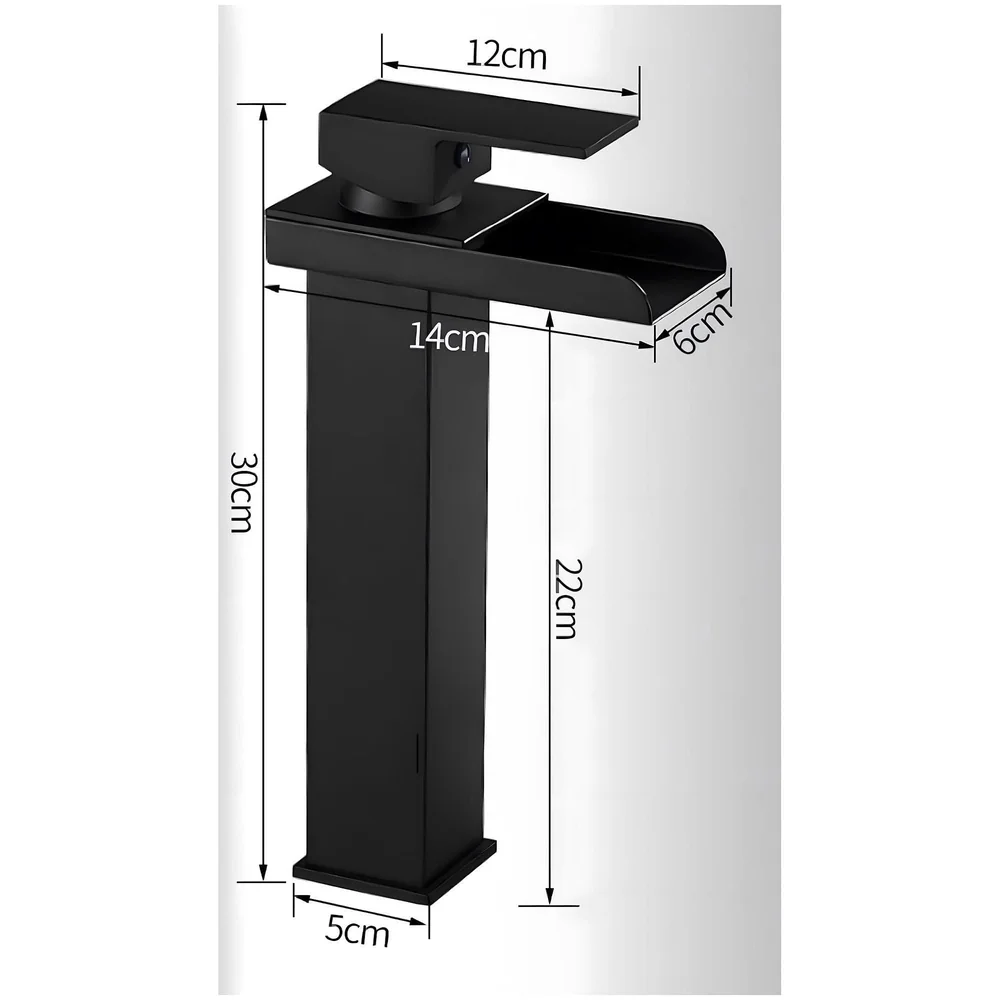 Waterfall Black Basin Tap Faucet Mixer for Bathroom Toilet Wash Basins Hot and Cold Water SS Material, 12 Inches Height Matt Black Waterfall Spout