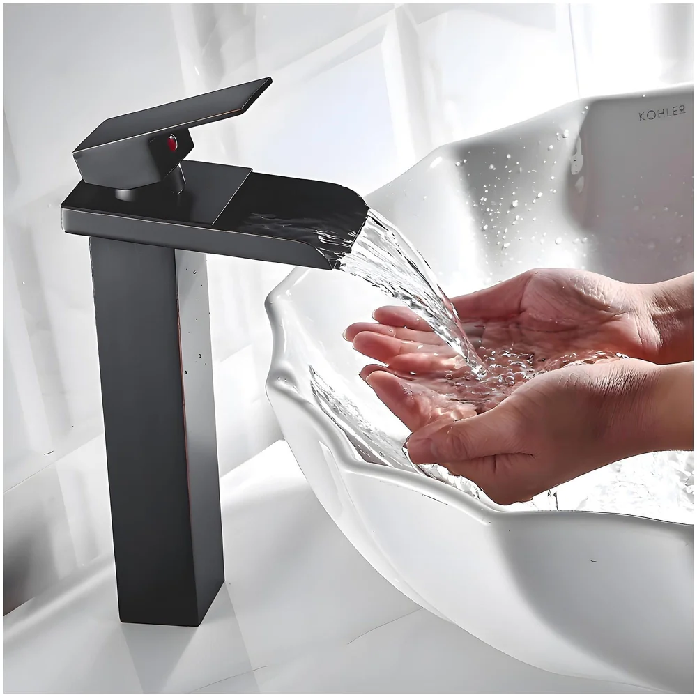 Waterfall Black Basin Tap Faucet Mixer for Bathroom Toilet Wash Basins Hot and Cold Water SS Material, 12 Inches Height Matt Black Waterfall Spout