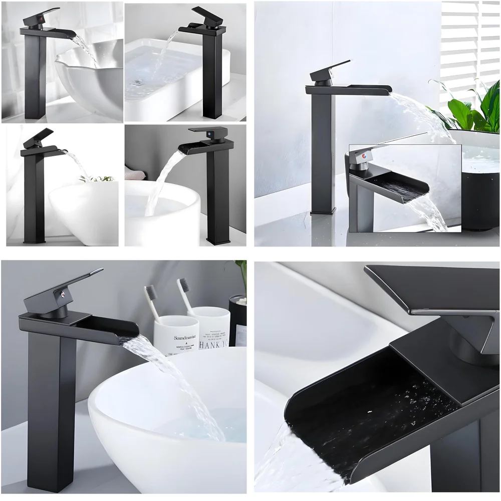 Waterfall Black Basin Tap Faucet Mixer for Bathroom Toilet Wash Basins Hot and Cold Water SS Material, 12 Inches Height Matt Black Waterfall Spout