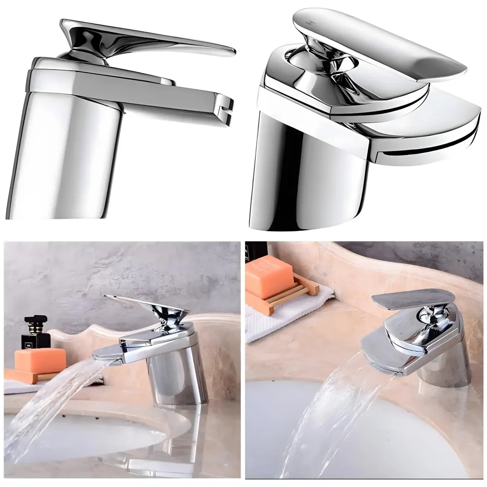Waterfall Basin Tap Faucet Mixer Silver Chrome Waterfall for Bathroom Toilet Wash Basins Hot and Cold Water, Basin Mounted - 11 Cm Height