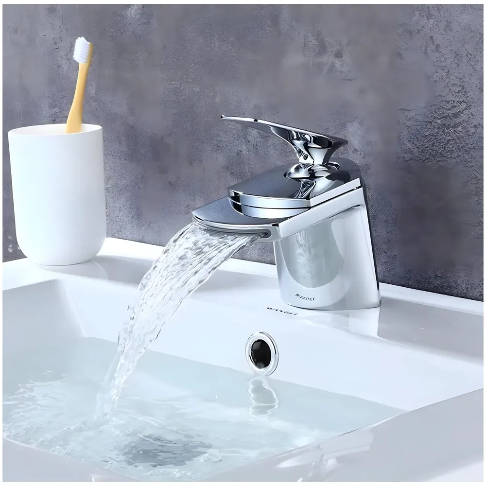 Waterfall Basin Tap Faucet Mixer Silver Chrome Waterfall for Bathroom Toilet Wash Basins Hot and Cold Water, Basin Mounted - 11 Cm Height