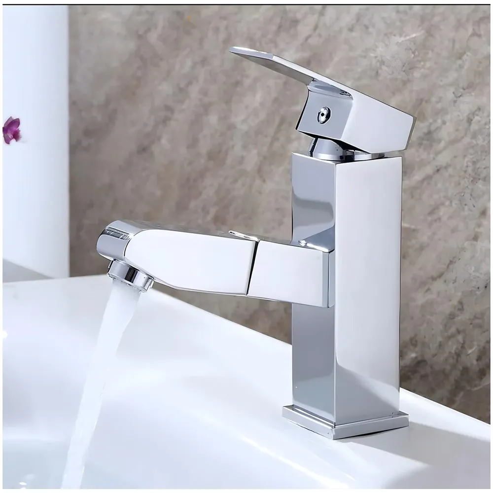 Pull Out Silver Faucet Single Lever Basin Mixer Hot and Cold for Bathroom Toilets Wash Basins Sinks Kitchen - 6 Inches Height