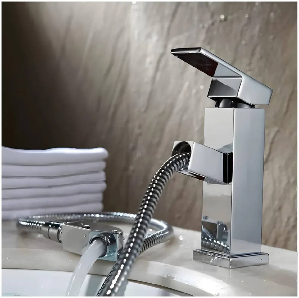 Pull Out Silver Faucet Single Lever Basin Mixer Hot and Cold for Bathroom Toilets Wash Basins Sinks Kitchen - 6 Inches Height