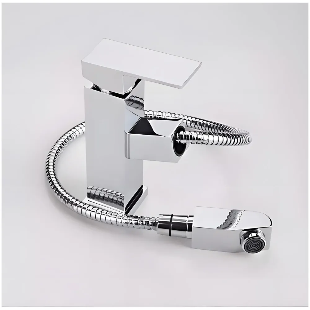 Pull Out Silver Faucet Single Lever Basin Mixer Hot and Cold for Bathroom Toilets Wash Basins Sinks Kitchen - 6 Inches Height