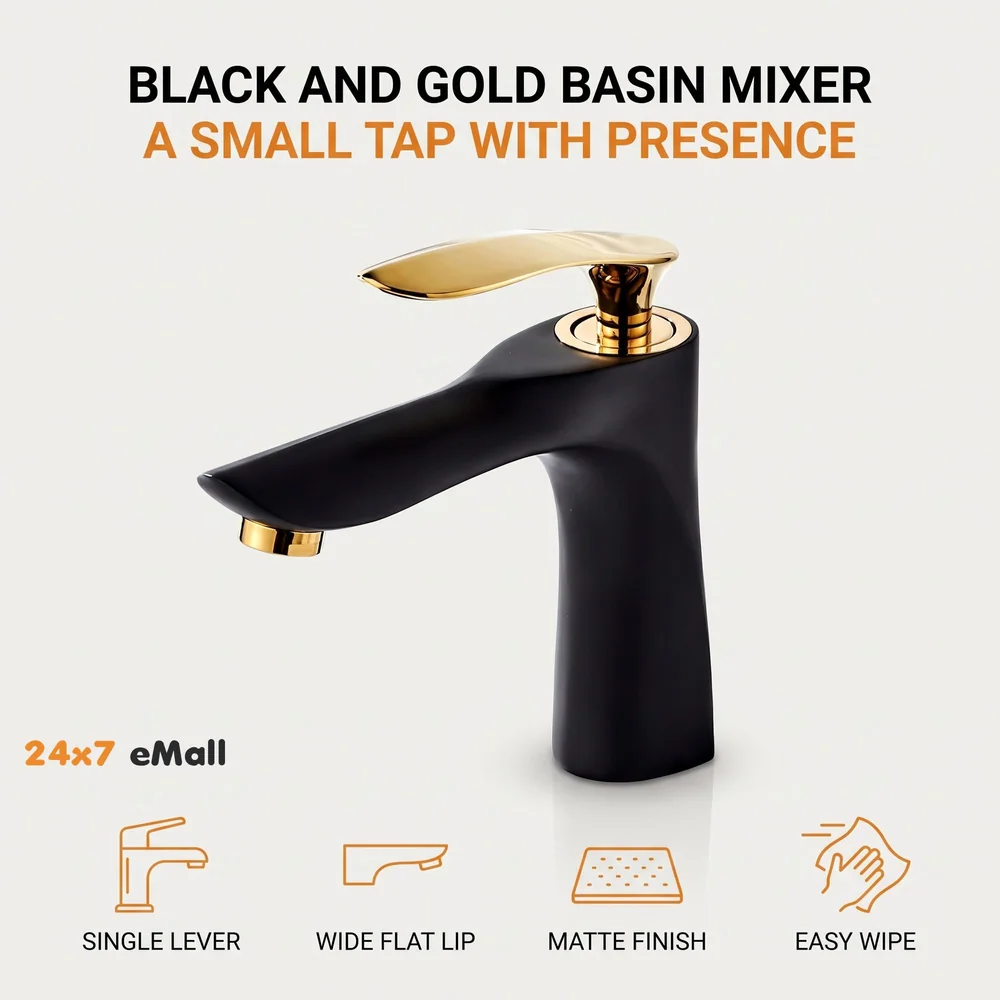 Black Gold Faucet Tap Mixer Hot and Cold Water Heavy Single Lever Basin Mixer 7 inches with Connector Pipes and Ceramic Cartridge for Bathroom Wash Basins