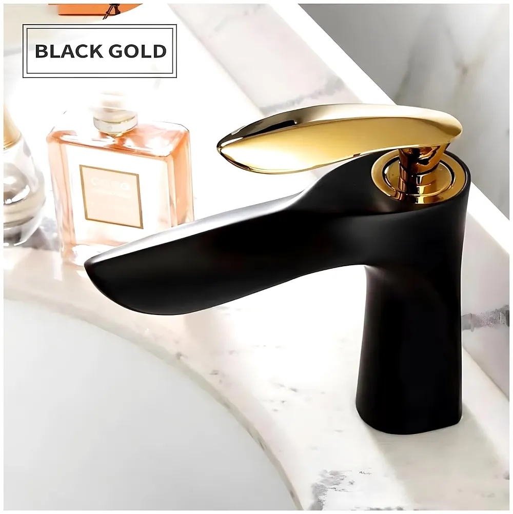 Black Gold Faucet Tap Mixer Hot and Cold Water Heavy Single Lever Basin Mixer 7 inches with Connector Pipes and Ceramic Cartridge for Bathroom Wash Basins